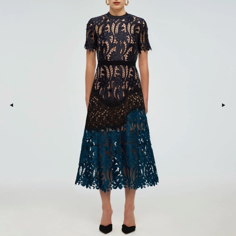 Self-Portrait Prairie Guipure Midi Dress; Lace; Teal, Black, Navy